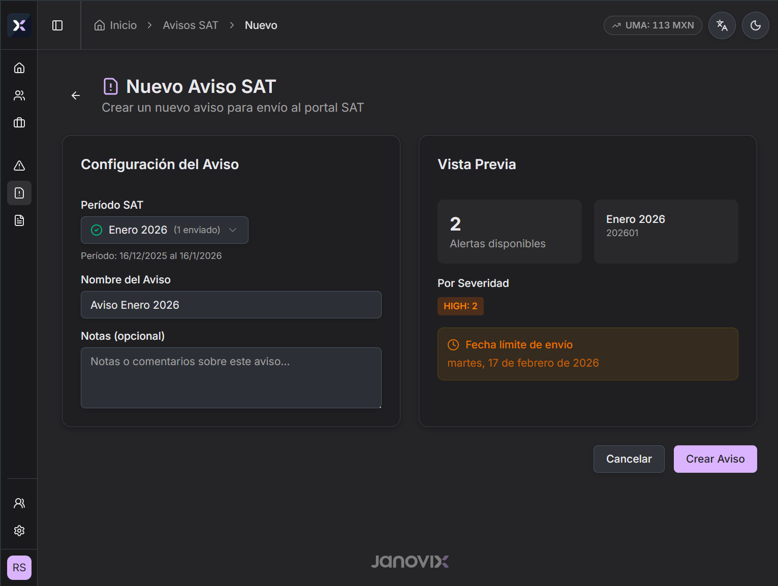 Crear Nuevo Aviso SAT